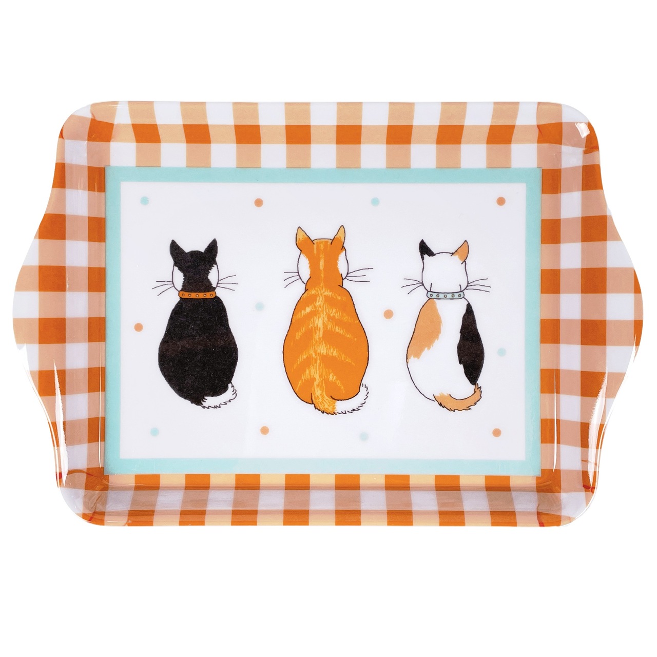 Cats in Waiting - Wartende Katzen | Kleines Tablett von Ulster Weavers | mit Katzenillustrationen, buntem Punktemuster und einem Rand aus Landhaus-Karos.