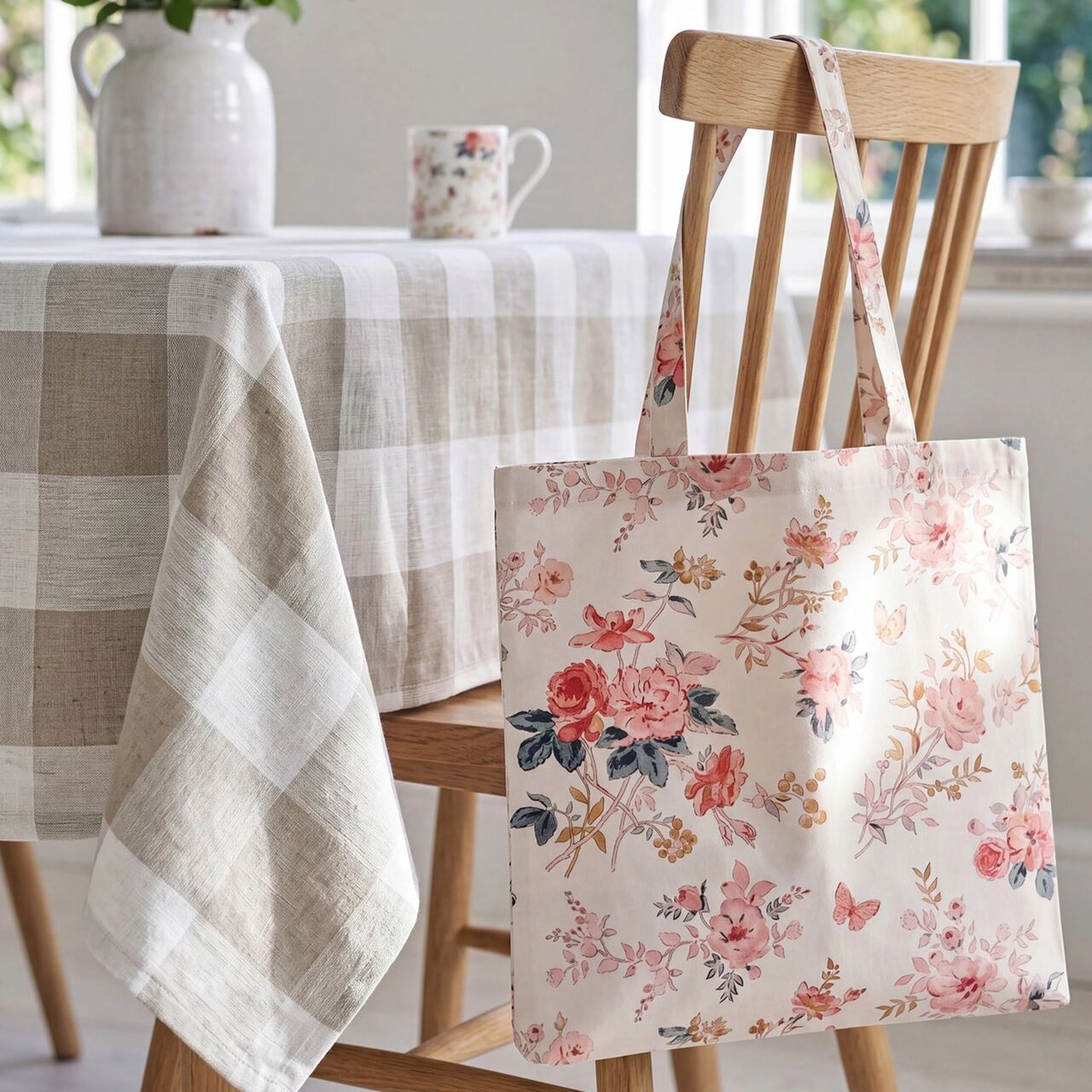 Faltbare Einkaufstasche Vintage Rose aus cremefarbener Baumwolle mit gedruckten rosa Rosen und Schmetterlingen an einer Stuhllehne hängend.