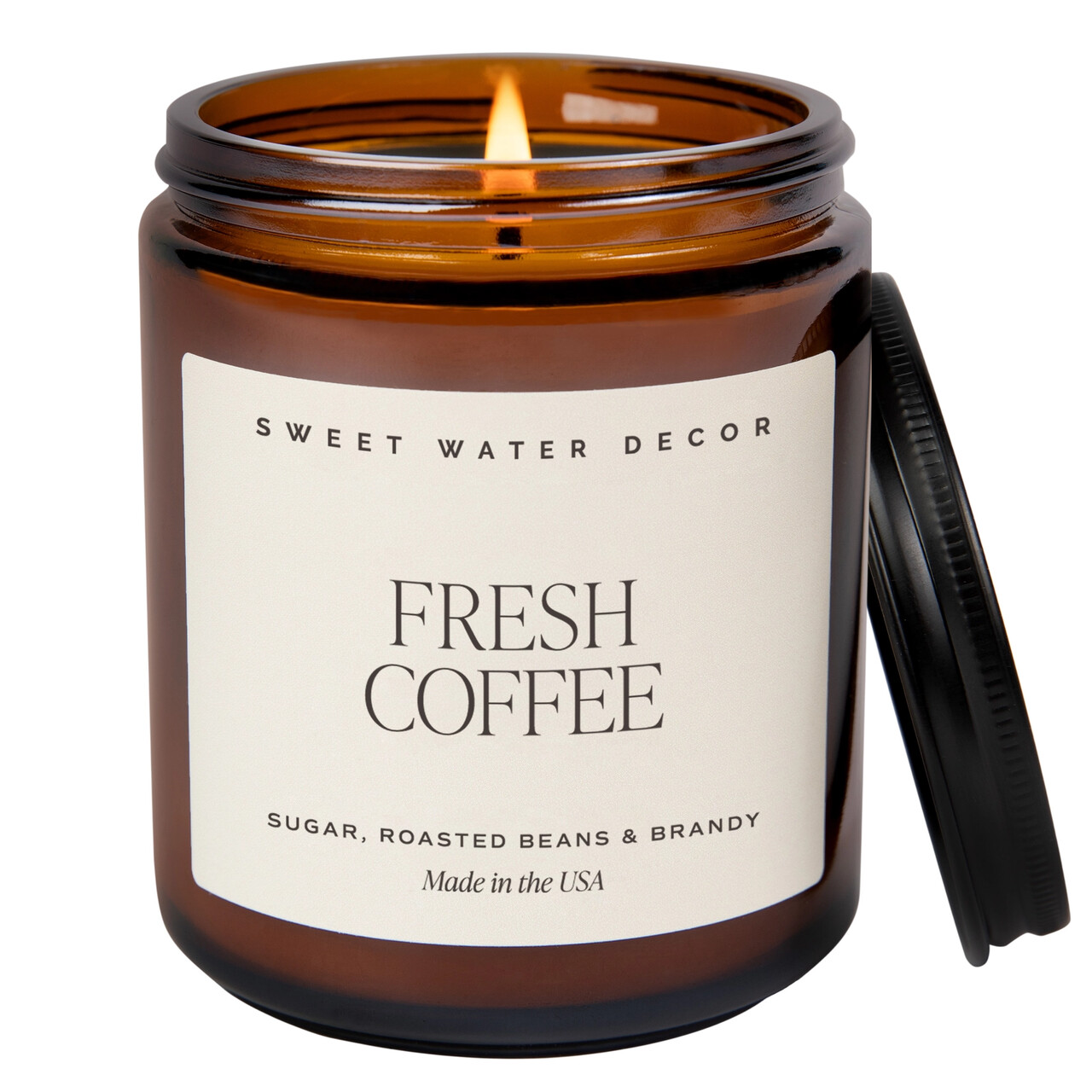 Sojawachs-Duftkerze "Fresh Coffee" | in braunem Glas mit geöffnetem Deckel | Duftnoten von Hawaiianischem Kona-Kaffee, Karamell und Brandy