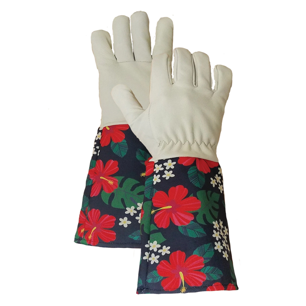 Rosengarten-Handschuhe für Damen mit langen Schutzstulpen für die Unterarme | im tropischen Hibiskusblüten-Design