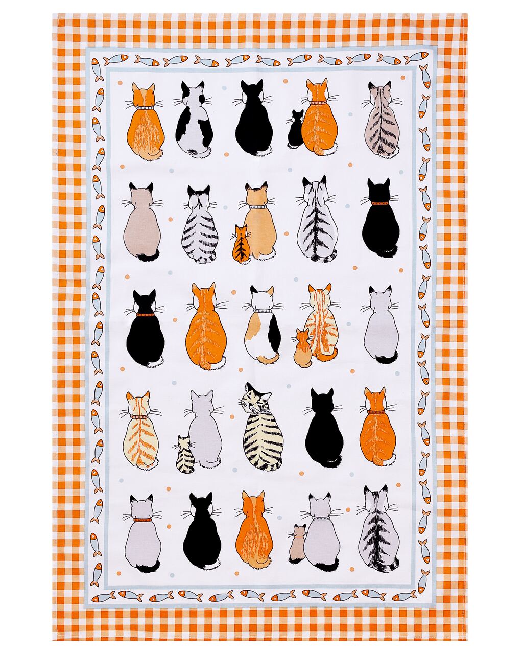 Baumwoll-Geschirrtuch mit verschiedenen Katzen in Orange, Grau, Schwarz und Weiß, Fischbordüre und orange-weißem Karomuster | von Ulster Weavers