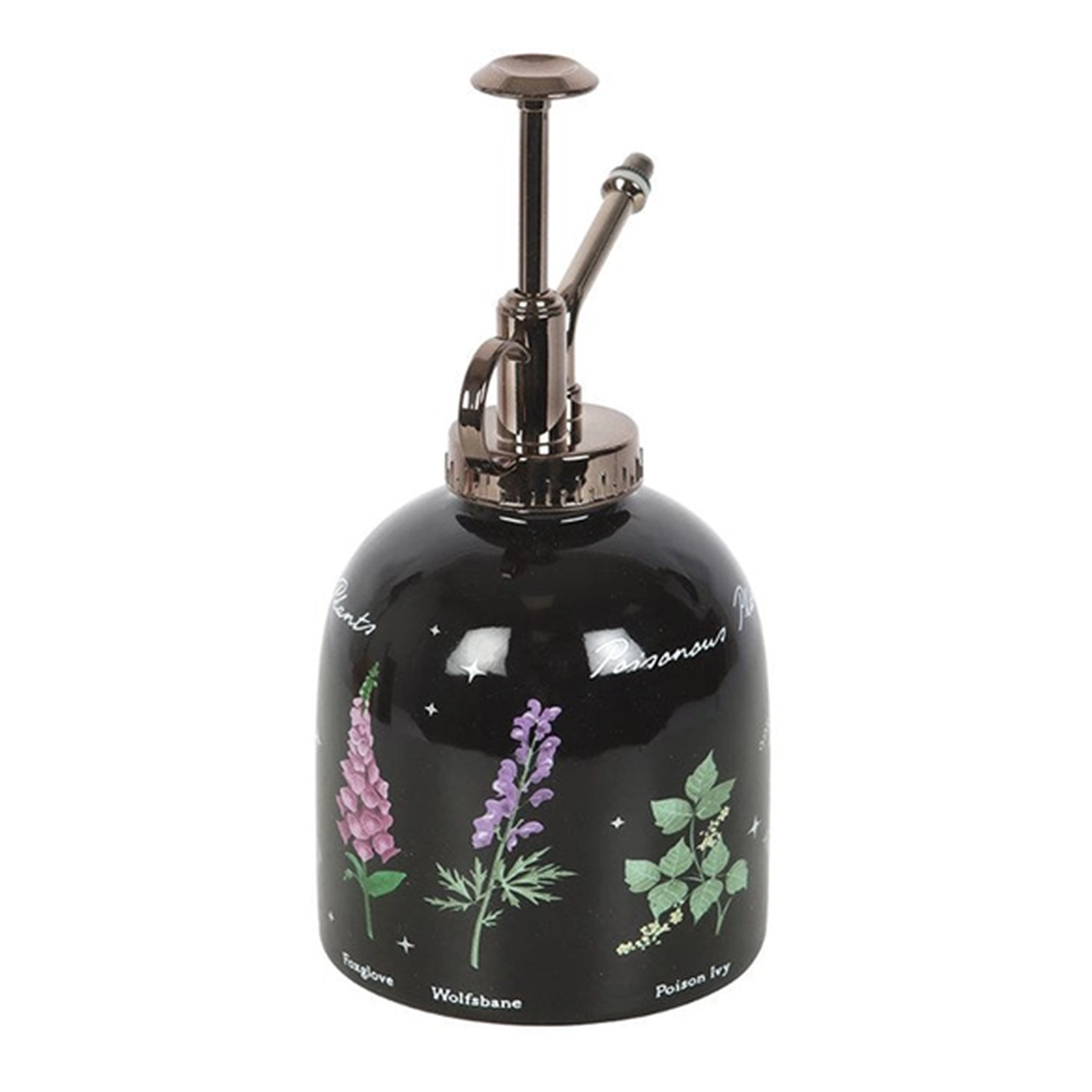 Schwarzer Keramik-Blumensprüher im Gothic-Stil mit Illustrationen von giftigen Pflanzen | leicht gedreht, mit Eisenhut vorne
