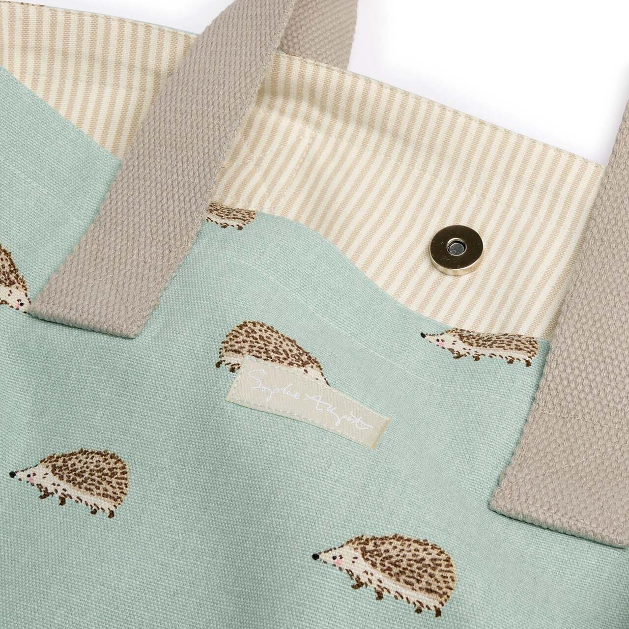 Alltagstasche Design Igel im Detail | mit grau gestreiftem Baumwollfutter und Druckknopfverschluss