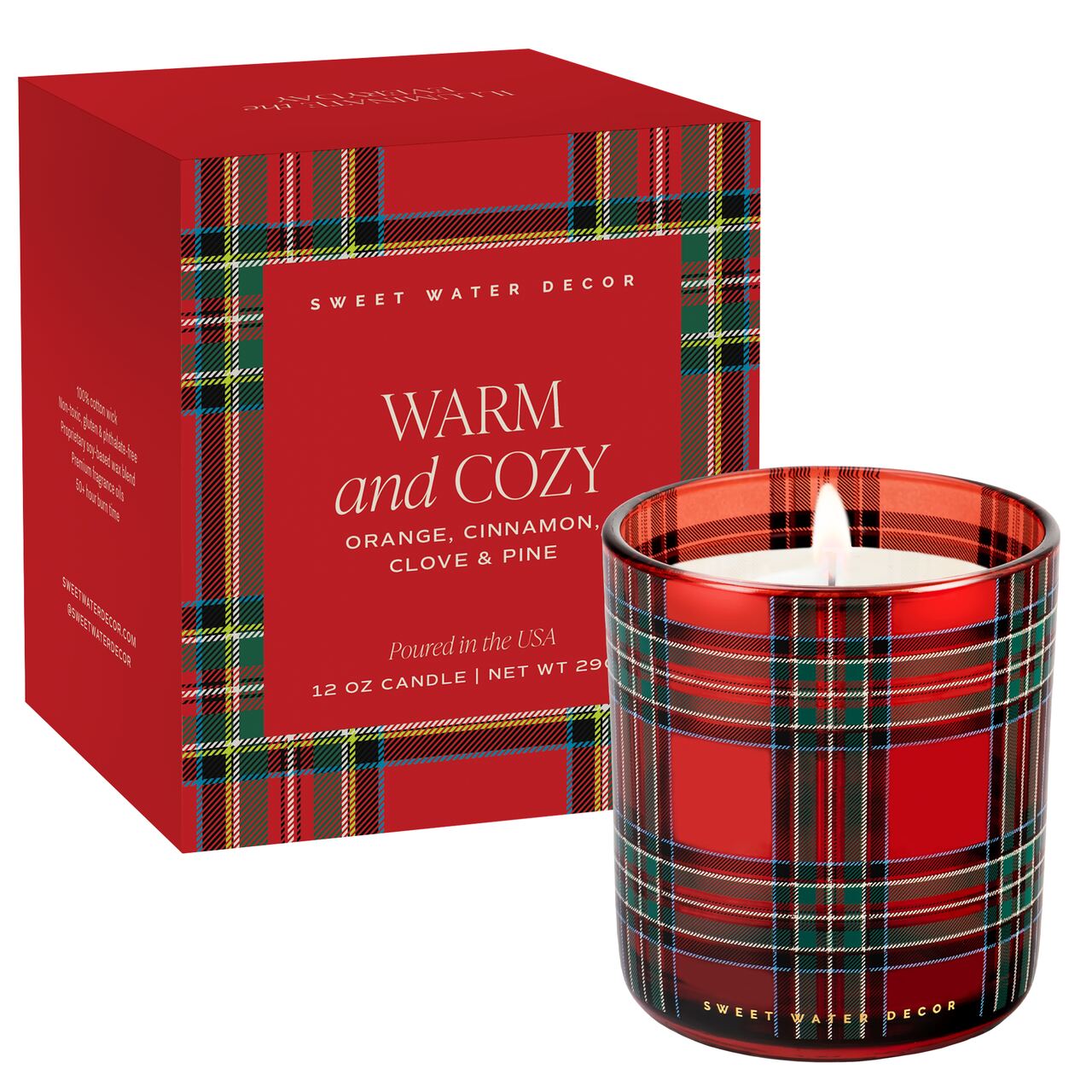 Weihnachtliche Duftkerze "Warm and Cozy" | in rotem Plaid-Glas | mit entsprechender Präsentbox | von Sweet Water Decor, USA