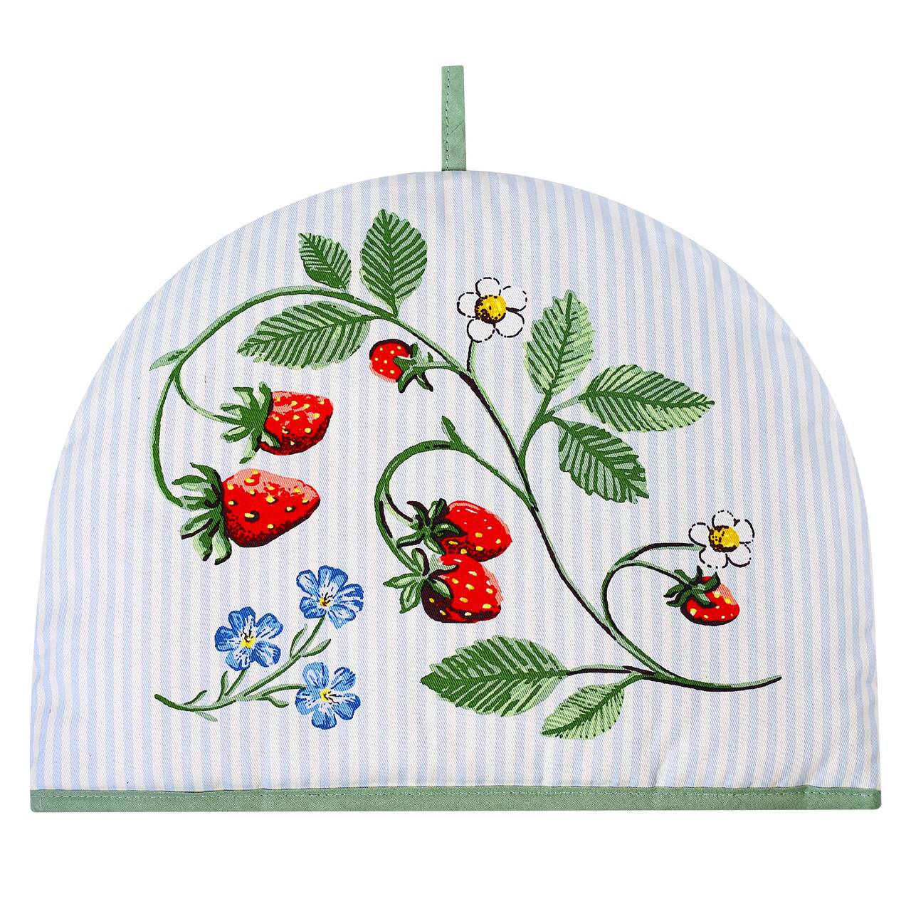 Teehaube mit roten Erdbeeren und zarten, blauen Vergissmeinnicht-Blüten - handgemalte Nostalgie mit liebevoll gestalteten Aquarell-Motiven auf einem cremefarbenen Hintergrund mit blauen Vintage-Streifen.