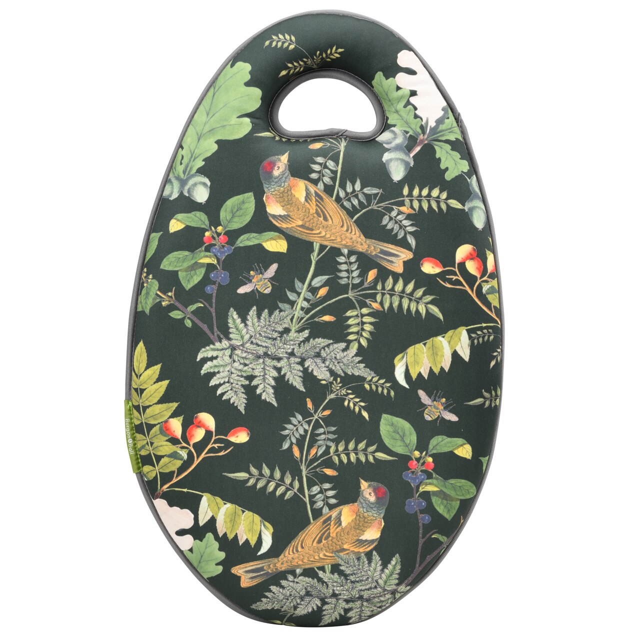 Ovales Kniekissen im dunkelgrünen Wundewald-Design | botanische Illustrationen von Vögeln, Blättern und Beeren | mit praktischem Tragegriff