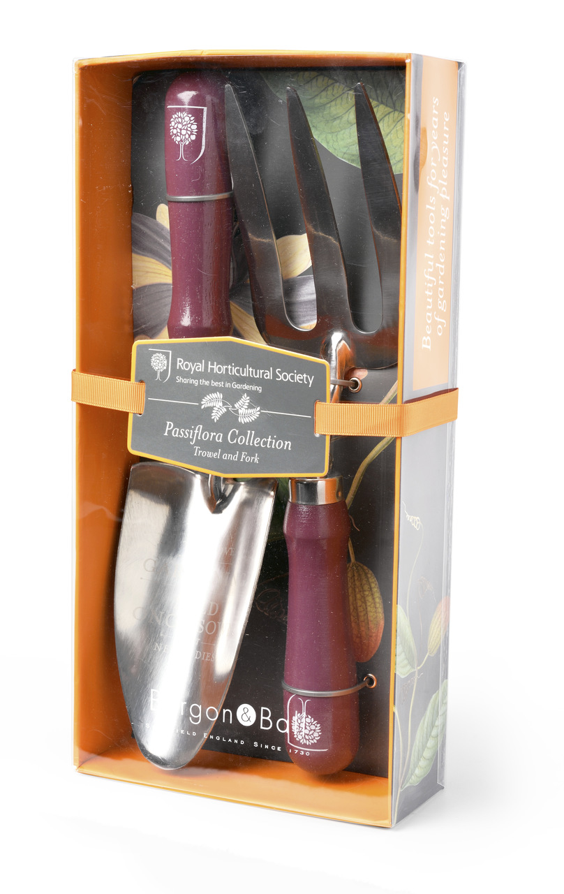 Präsentbox mit Grabegabel und Handschaufel, RHS-Design Passiflora