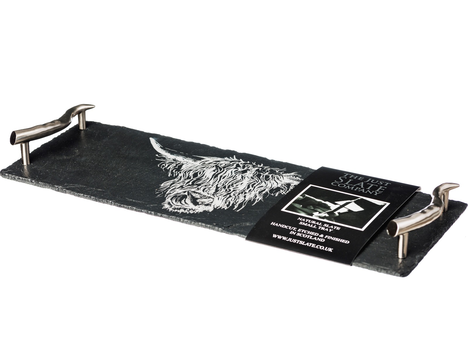 schmale Schiefer-Servierplatte Hochland Rind mit Präsent-Banderole