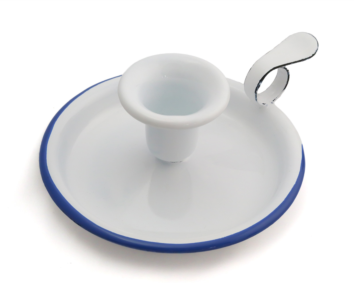 Emaille-Kerzenhalter weiß, mit blauem Rand