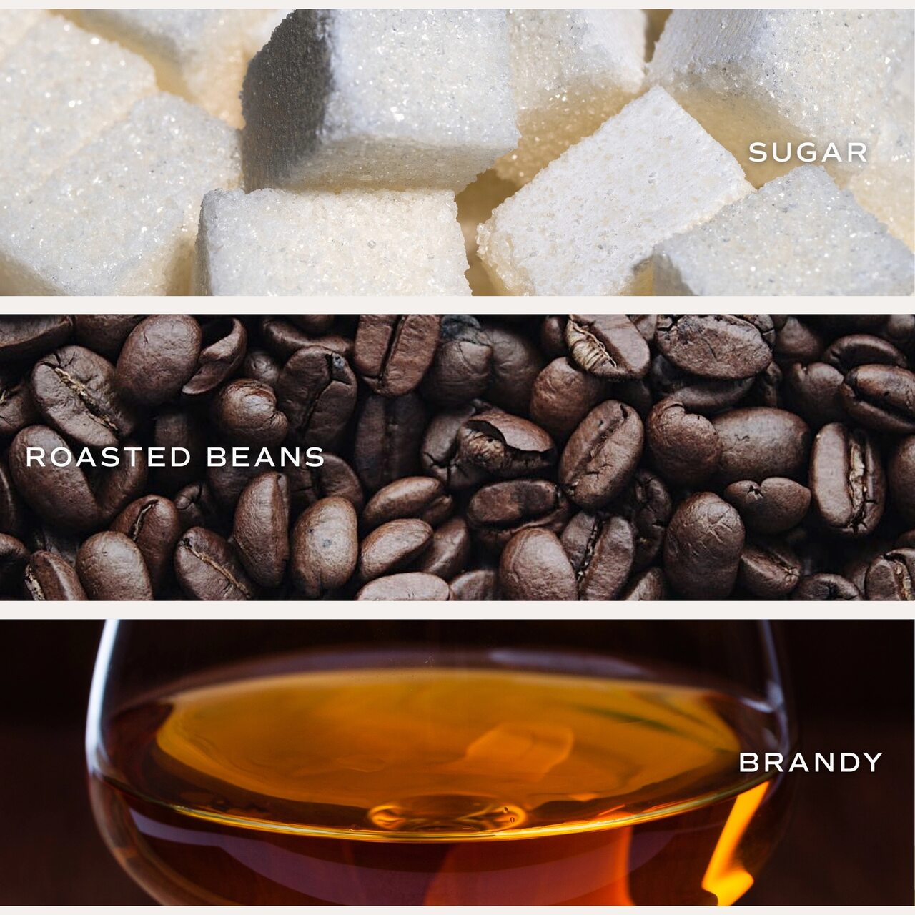 Die Zutaten der "Fresh Coffee" Duftkerze: Zucker - geröstete Kaffeebohnen - Brandy | Natürlich und handgefertigt | Gegossen in Pittsburgh | Pennsylvania | USA 