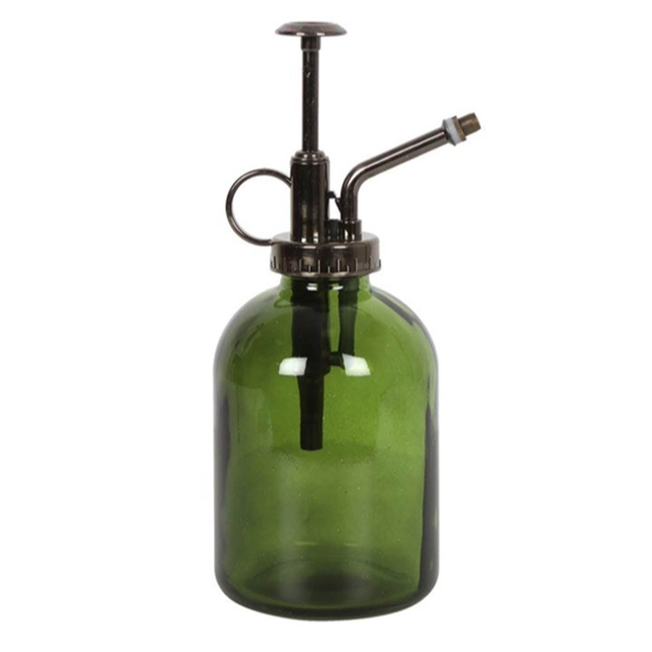Eleganter Pflanzensprüher aus moosgrünem Glas | mit dunkler Vintage Metallpumpe | Für Zimmerpflanzen