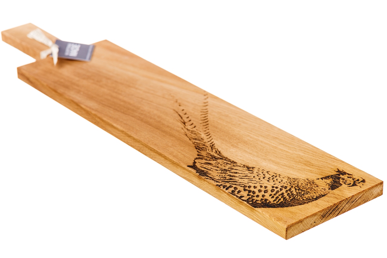 Langes Servierbrett aus Eiche mit Griff, Motiv Fasan