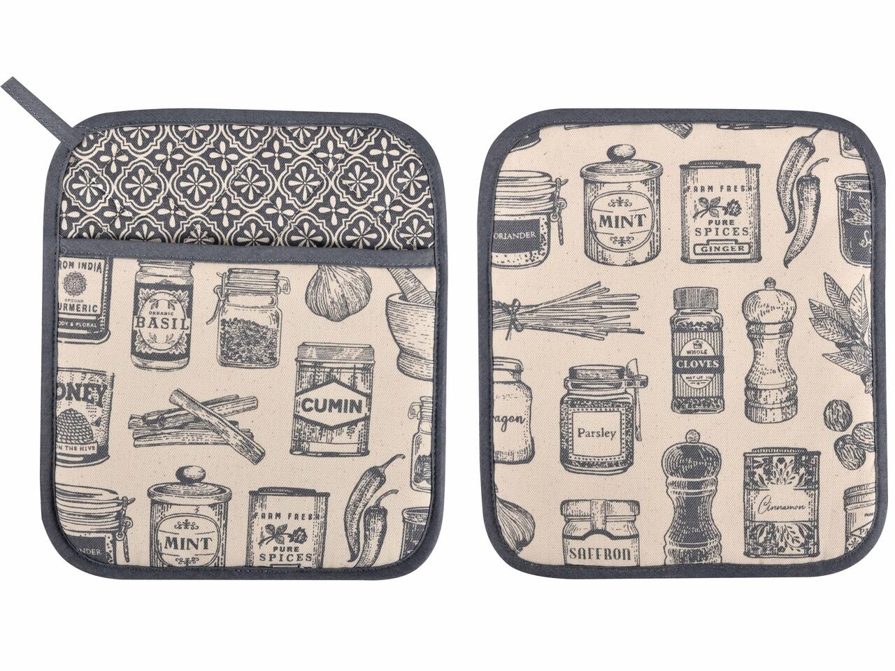 Ulster Weavers Topflappen aus ungebleichter Baumwolle mit nostalgischen Gewürz-Illustrationen, dunkelgrauer Paspelierung und integrierter Grifftasche für die Finger