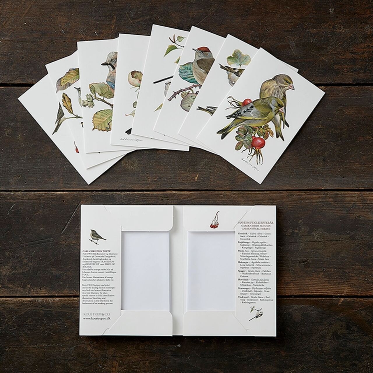 Der Inhalt der Kartenbox: 8 verschiedene Grußkarten mit 8 verschiedenen Gartenvögeln | Illustrationen von Carl Christian Tofte - Bildkünstler, Illustrator und anerkannter Vogelmaler.
