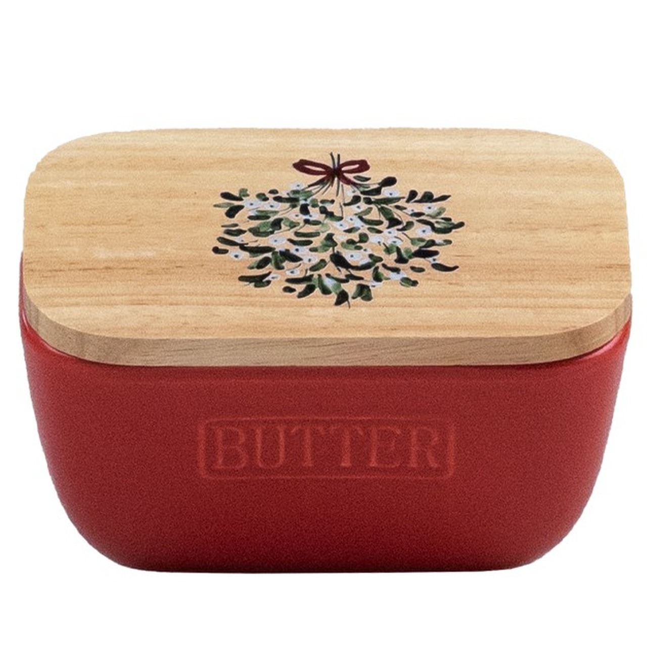 Immergrüne Mistel mit weißen Beeren, geschmückt mit einer roten Schleife | auf dem Eichenholz-Deckel einer roten Keramik-Butterdose | von Selbrae House, Schottland