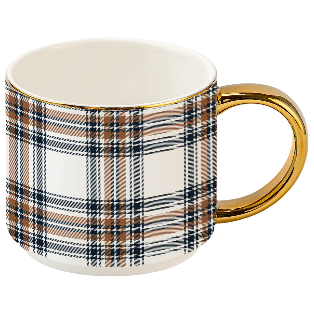 Tasse mit orange-marineblauem Karomuster | mit edlen Echtgold-Akzenten am Rand und einem vergoldeten Griff
