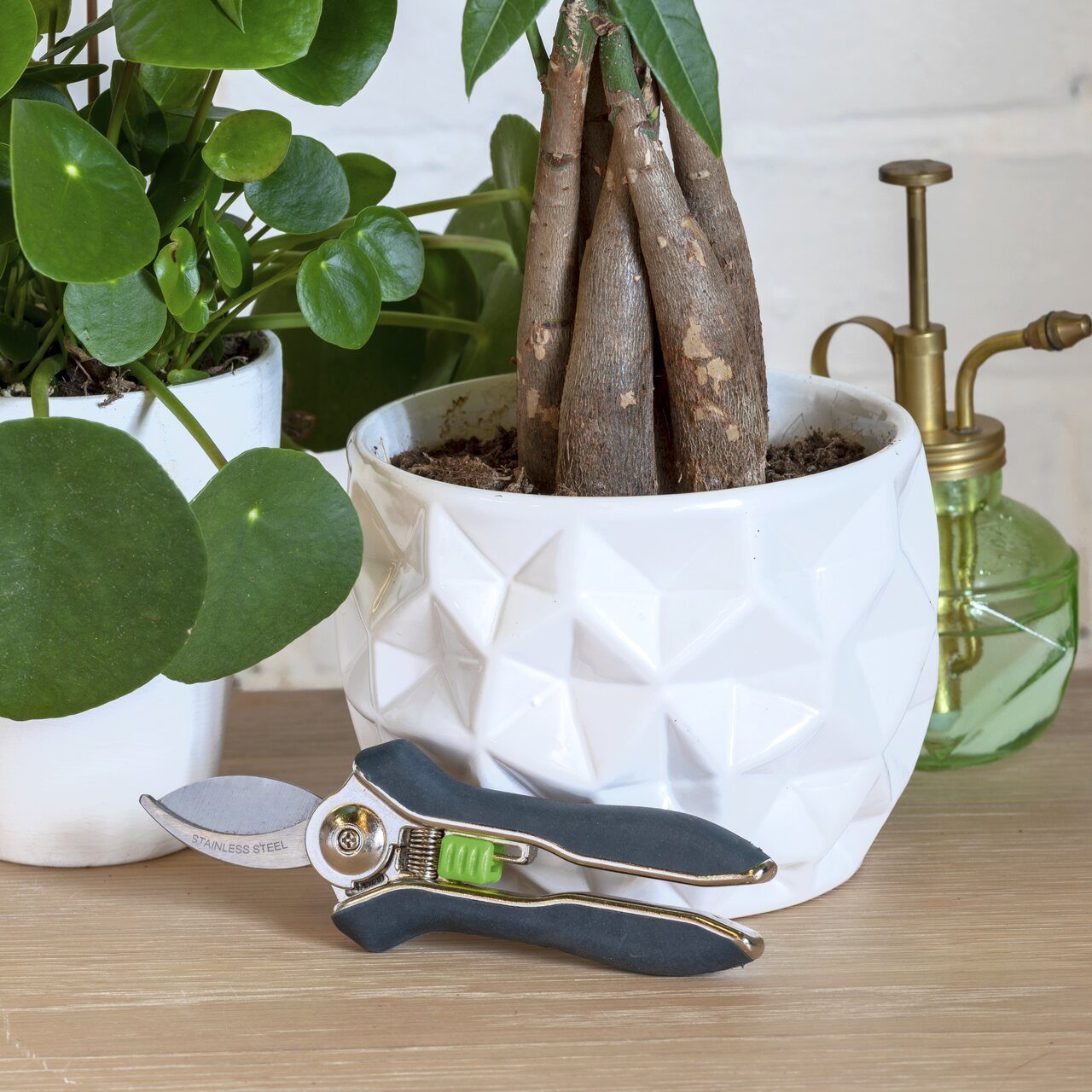 Indoor Blumenschere für Zimmerpflanzen mit grauem Griff und grünem Einhand-Verschluss