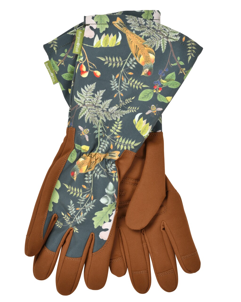 Wunderwald | Gartenhandschuhe mit Stulpe im RHS „Woodland Wonders“ -  Design mit botanischem Muster, Vögeln und Blättern auf dunkelgrünem Hintergrund