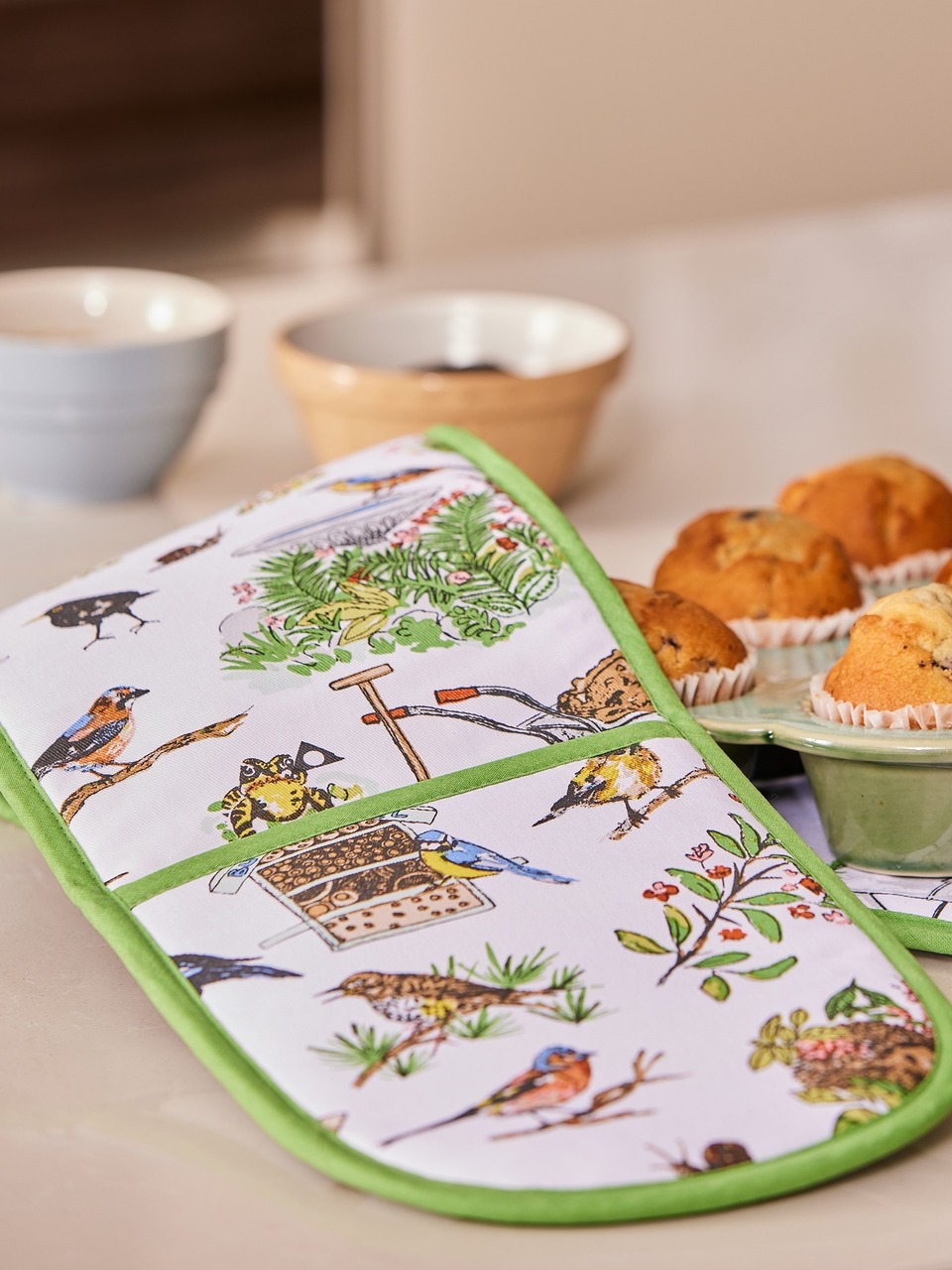 Doppelter Ofenhandschuh | Design Vögel im Garten