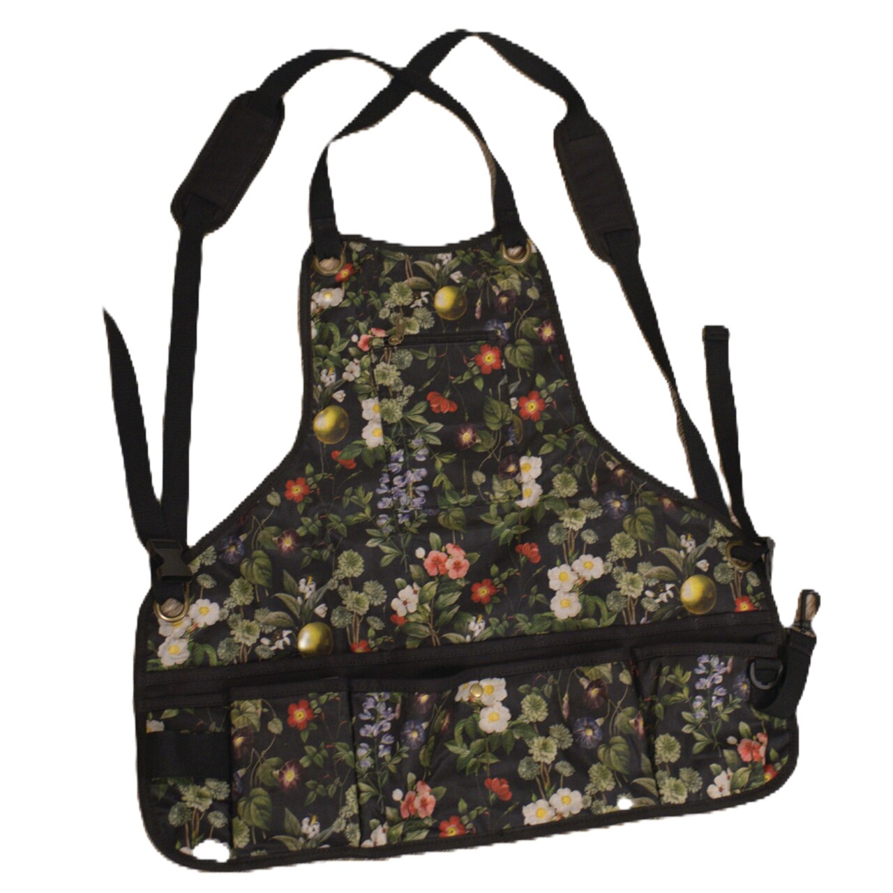 Dunkle Gartenschürze Mitternachtsblüten mit Blumenmuster , vielen Werkzeugtaschen und gepolsterten Schultergurten