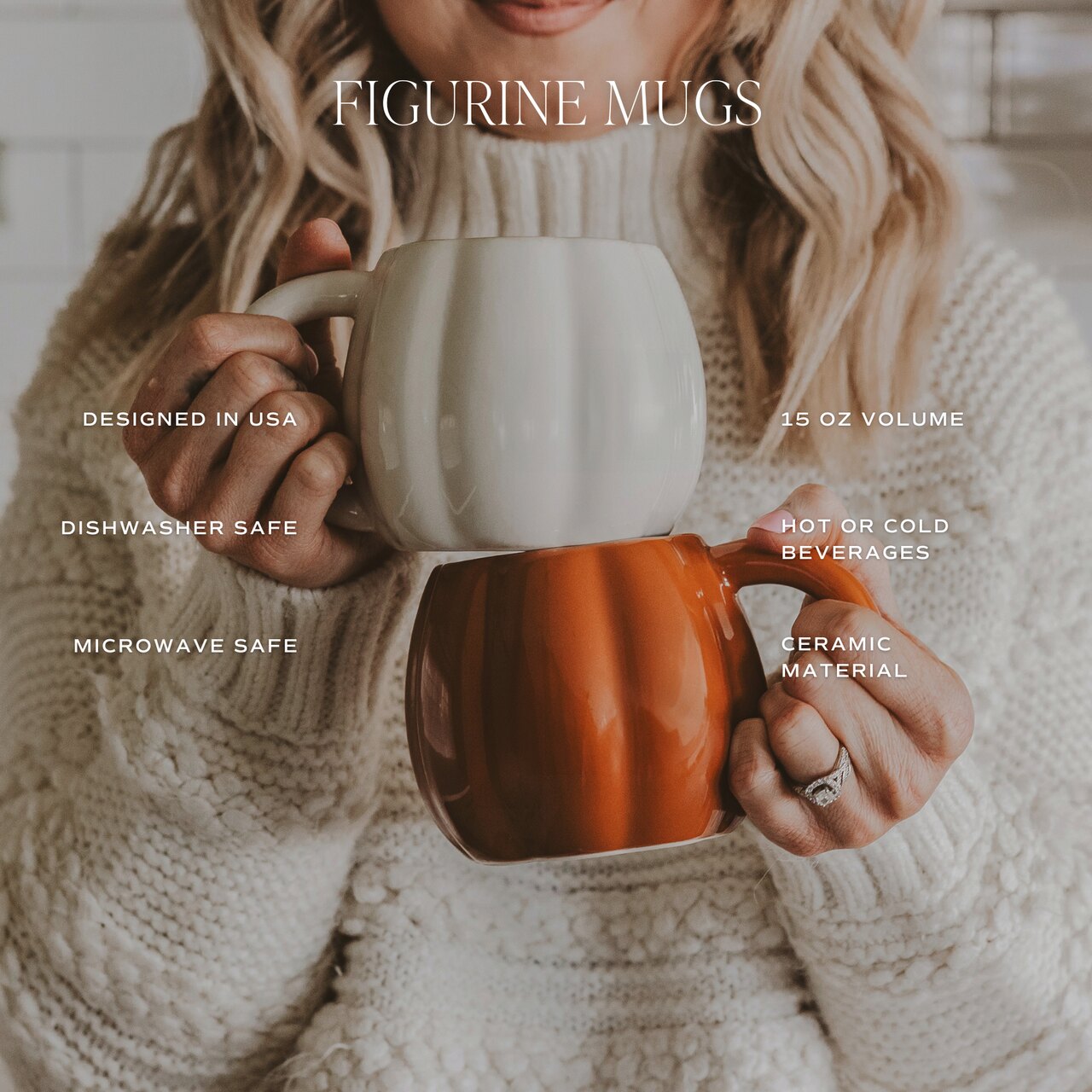 Elegante, große Kürbistassen in Creme und Orange | Highlights & Details: Entworfen in USA - Spülmaschinenfest - Mikrowellengeeignet - Keramik - für heiße u. kalte Getränke - für ca. 560 ml Inhaltsen in Creme und Orange | Dezente, zeitlose Herbst-Eleganz f