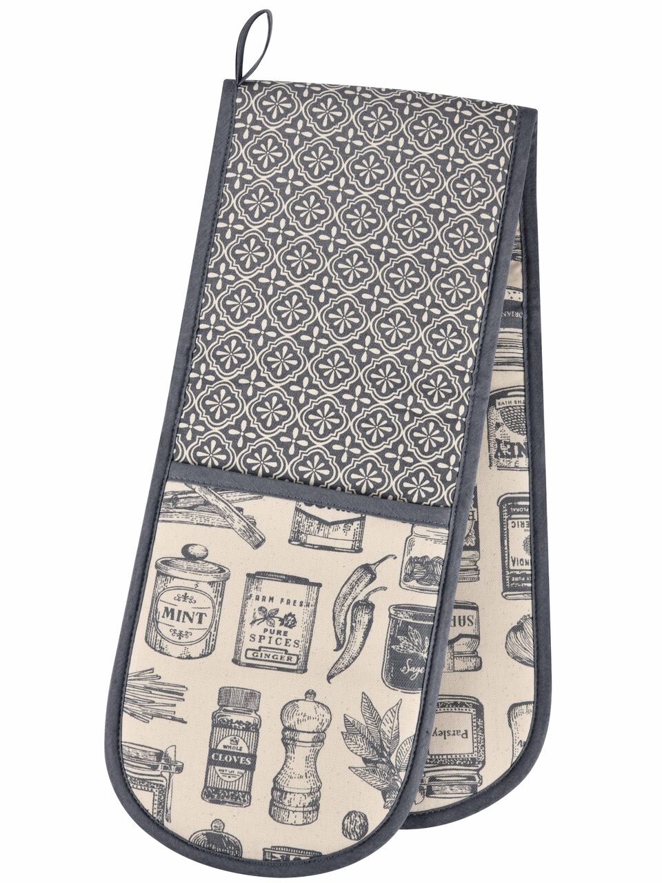 Doppelter Ofenhandschuh aus 100% Baumwolle mit Vintage-Print von Gewürzdosen und Kräutern