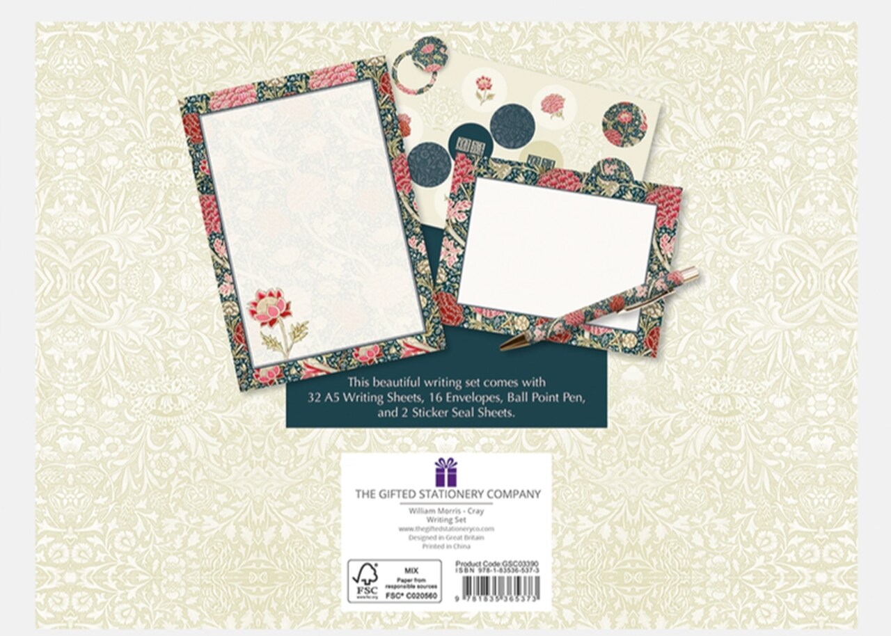 Schreibset | Design William Morris | 32 A5-Briefbögen, 16 Umschläge dazu, einen William-Morris-Kugelschreiber und 2 Bögen Briefsiegel-Aufkleber.