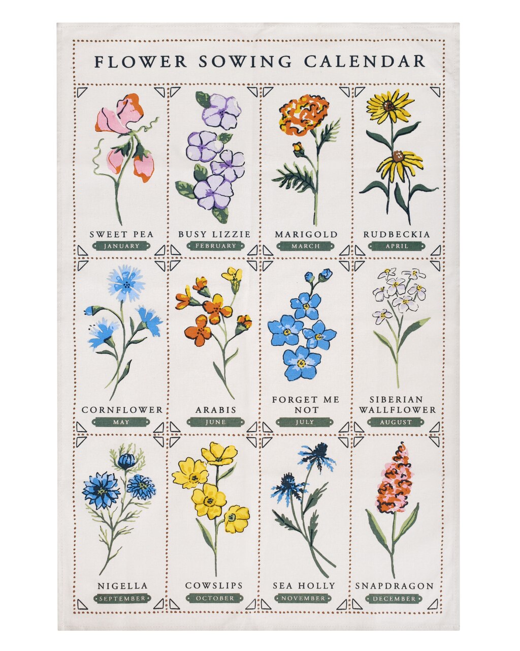 Baumwoll-Geschirrtuch von Ulster Weavers mit einem Jahres-Blumen-Aussaatkalender - eine fein gezeichnete Pflanze für jeden Monat