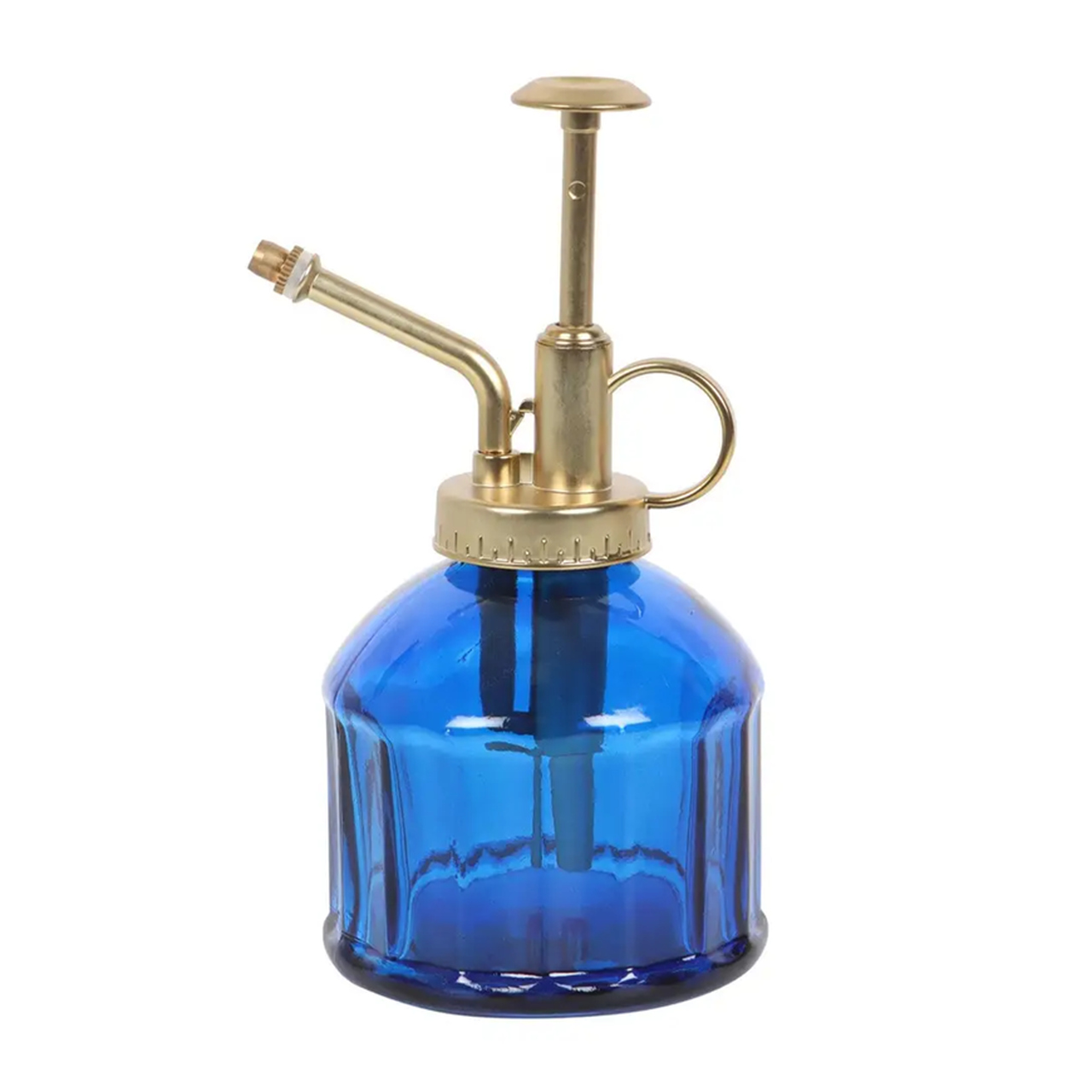 Blauer Glas-Pflanzenspüher - Vintage | mit goldfarbener Srühdüse und Daumenhalter