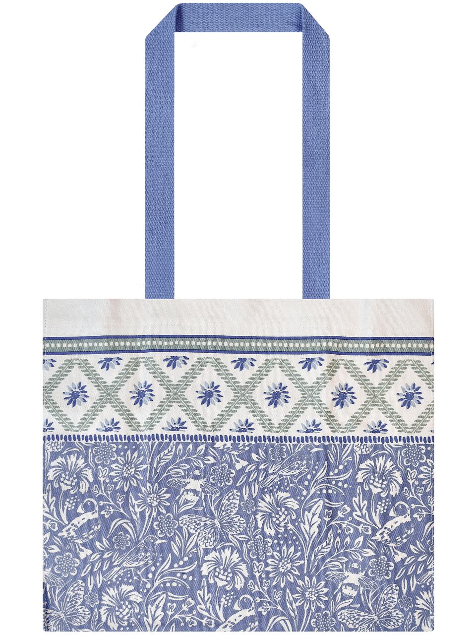 Design Coastal Treasures - Küstenschätze, Küstenvögel und -käfer in einem floralen Muster, Canvas-Schultertasche in zartem grün-blau-beige, von Ulster Weavers