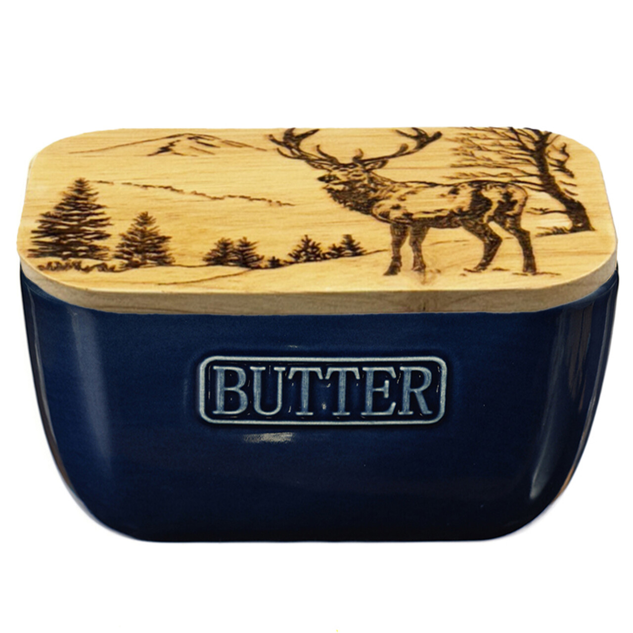 Blaue Keramik-Butterdose mit Eichenholzdeckel | Gravur: Idyllische Hirschszenerie | von Selbrae House, Schottland