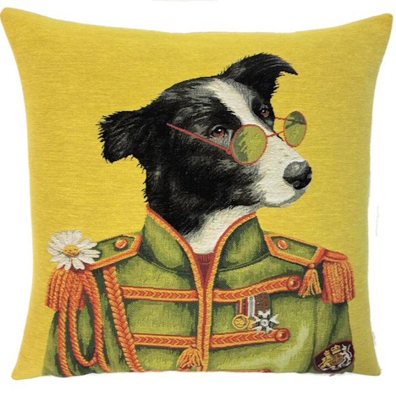 Jacquard-Sofakissenhülle | Design Showstar | Border Collie mit Military-Kostüm und John-Lennon-Brille