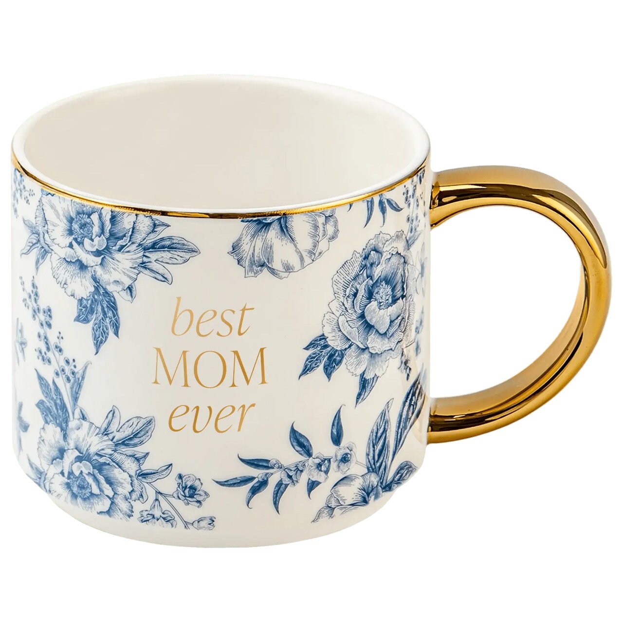 Cremeweiße Porzellantasse mit floraler blauer Delft-Verzierung, goldfarbenem Henkel und Aufschrift Best Mom Ever | von Sweet Water Decor, USA.