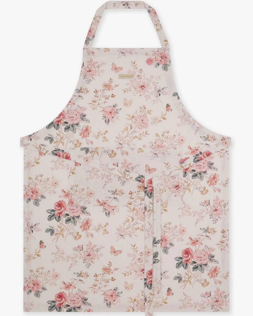 Charmante Küchenschürze 'Vintage Rose' aus 100% Baumwolle | Motiv: Rosen aus dem englischen Rosengarten und Schmetterlinge auf cremefarbenem Hintergrund | Nackenband mit zwei Druckknöpfen verstellbar