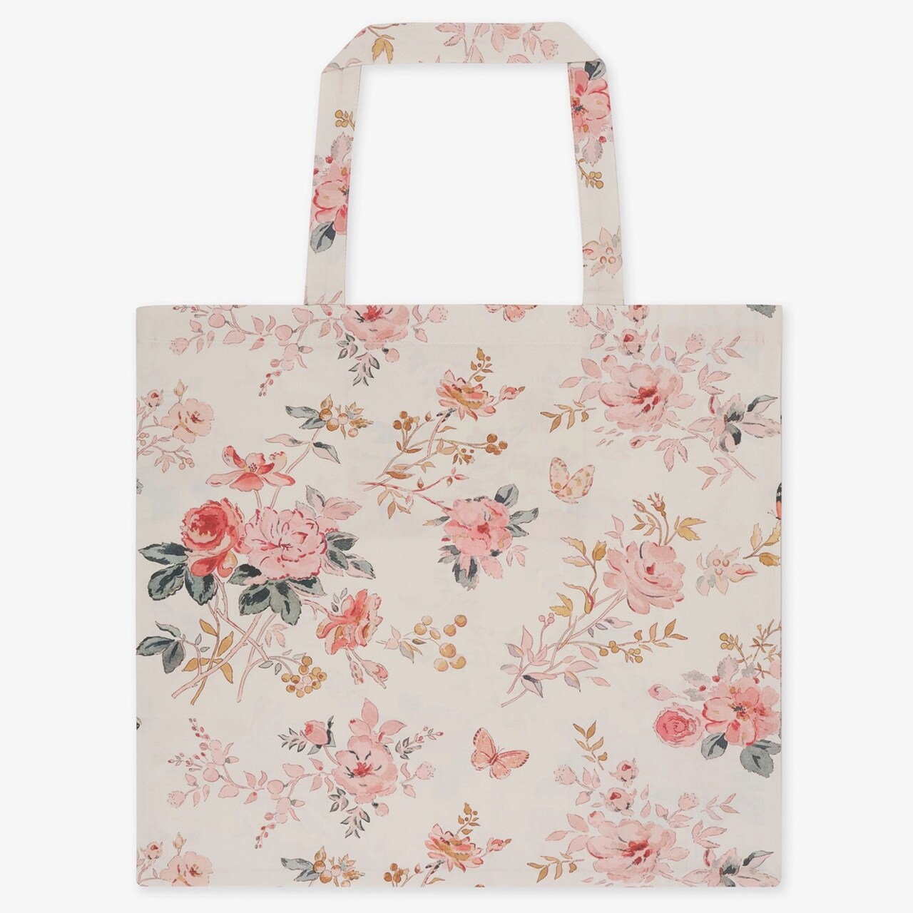 Faltbare Einkaufstasche Vintage Rose aus cremefarbener Baumwolle mit gedruckten rosa Rosen und Schmetterlingen | Design von Sophie Allport | aus England.