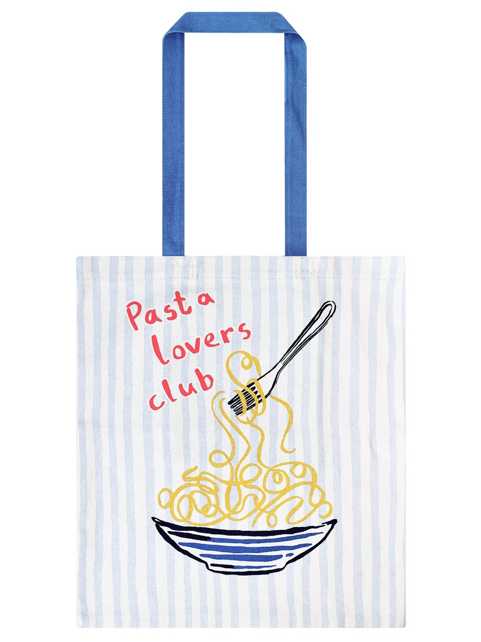 Ulster Weavers Baumwoll-Tote Bag mit Illustrationen eines vollen Spaghetti-Tellers auf einem hellblau-creme gestreiften Hintergrund mit blauen Trageriemen