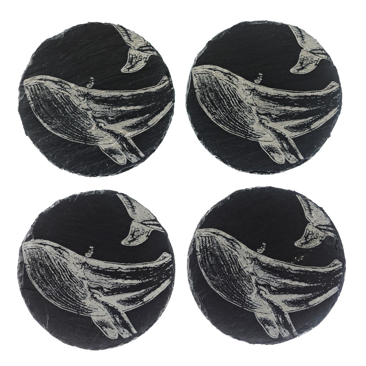 Runde Glas-Untersetzer aus Schiefer | Gravur Wal