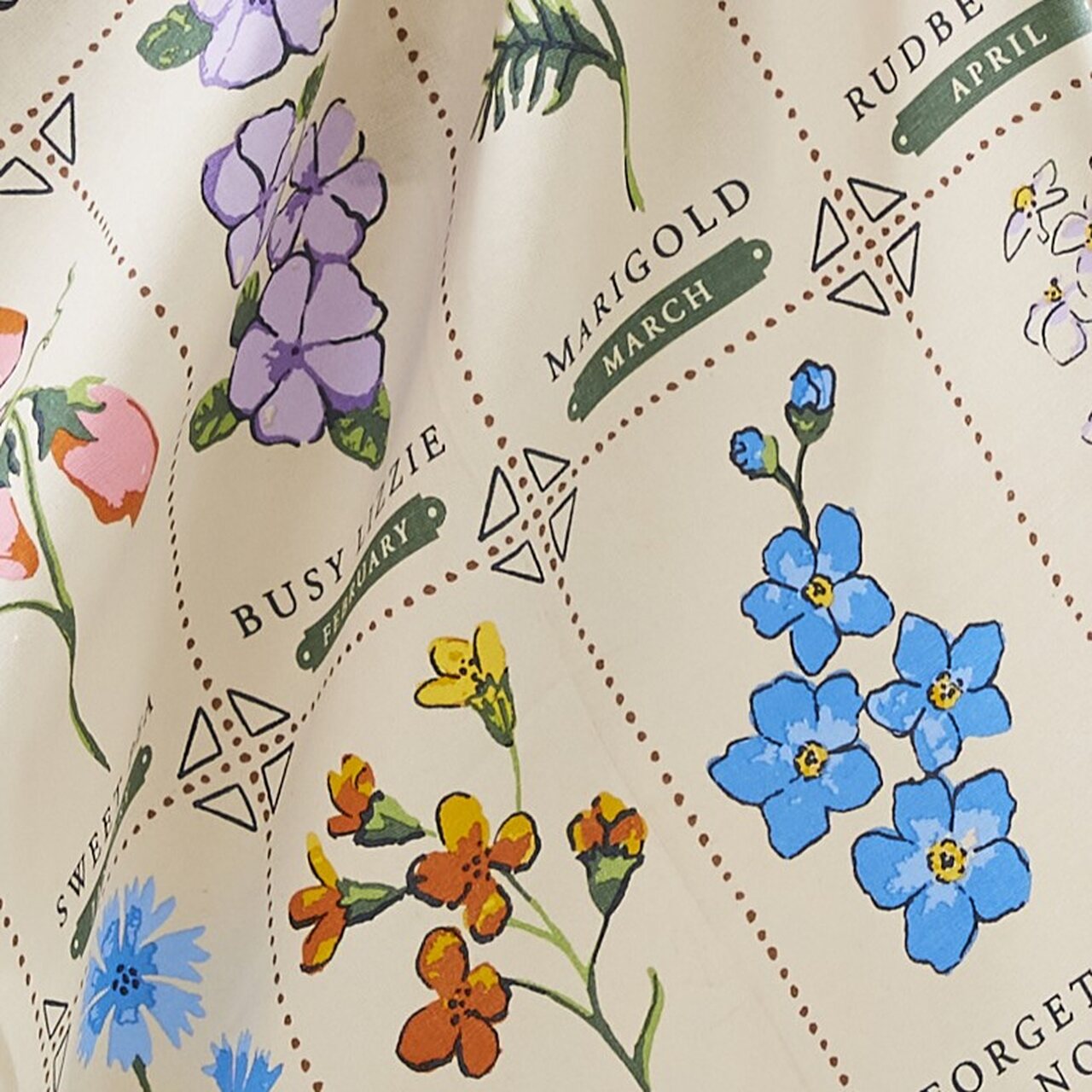 Großaufnahme eines bedruckten Geschirrtuchs von Ulster Weavers, das als informativer Blumen-Aussaatkalender gestaltet ist. Jeden Monat eine Blume mit Namen und Monatseintrag.
