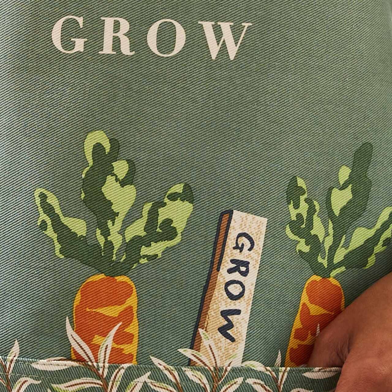 Das Möhrendesign, das Grow-Schild und der obere Rand der großen, aufgesetzten Tasche im Detail