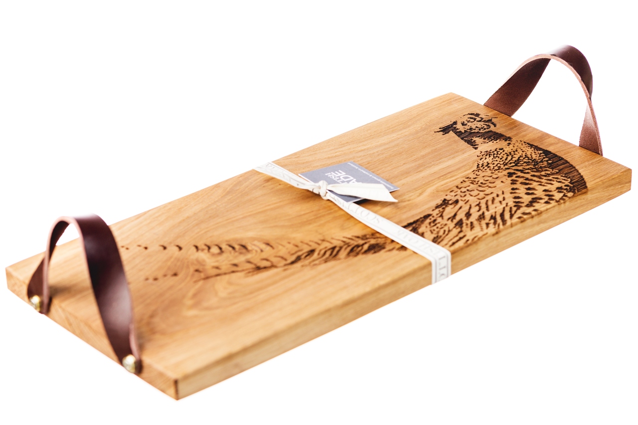 Serviertablett aus Schottischer Eiche, Motiv Fasan, mit Präsentband