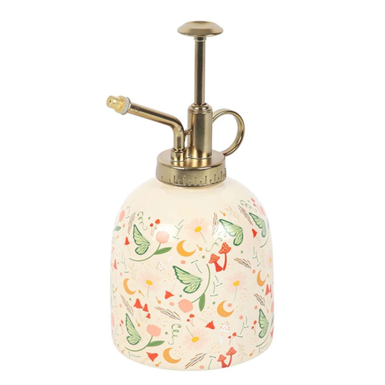 Blumensprüher mit verspieltem Gartenfeen-Print | beige-gelb mit goldfarbener Pumpe