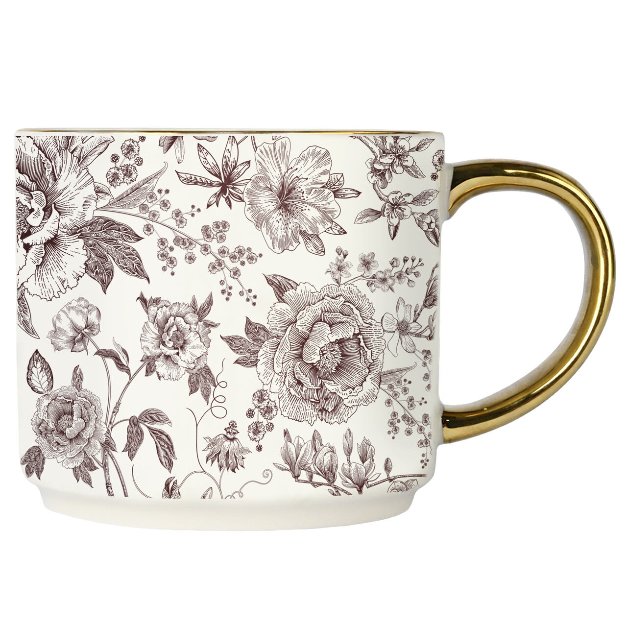 Weiße Fine Bone China Tasse mit braunem Vintage-Blumenmuster im Delfter Stil und glänzendem Goldhenkel