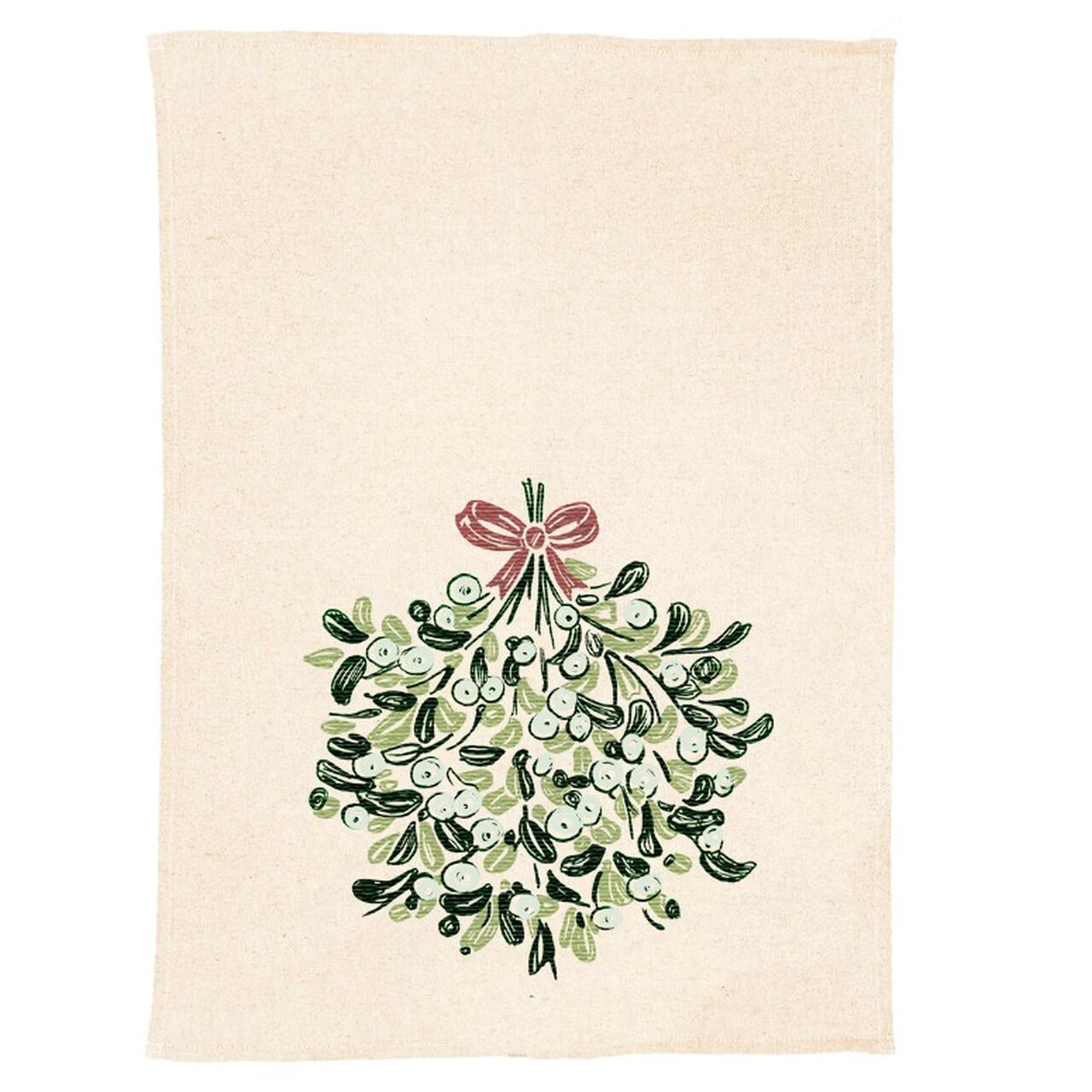 Immergrüne Mistel mit weißen Beeren, geschmückt mit einer roten Schleife | Geschirrtuch mit Mistel-Motiv von Selbrae House | Sanfte, weihnachtliche Akzente für die Küche