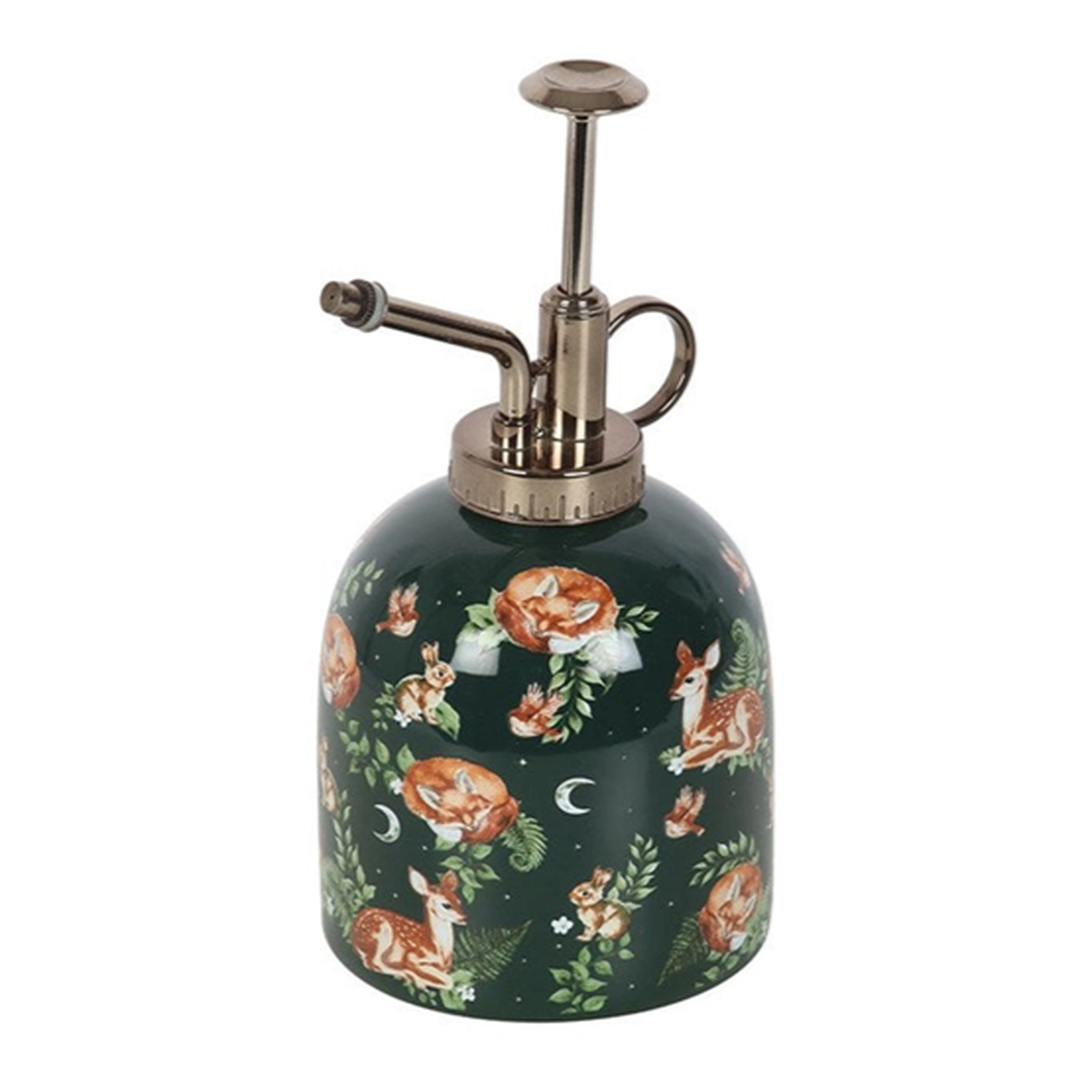 Vintage-Planzensprüher aus Keramik mit Waldtiermotiv | Rehkitz, Fuchs, Hase, Eule | metallische Pumpe und Ringgriff