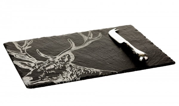 Von Selbbrae House: Schieferplatte mit Gravur Hirsch, incl. Käsemesser