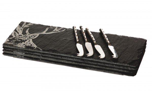 Präsentbox Hirsch | Kleine Käseplatten aus Schiefer & Käsemesser | 4er-Set