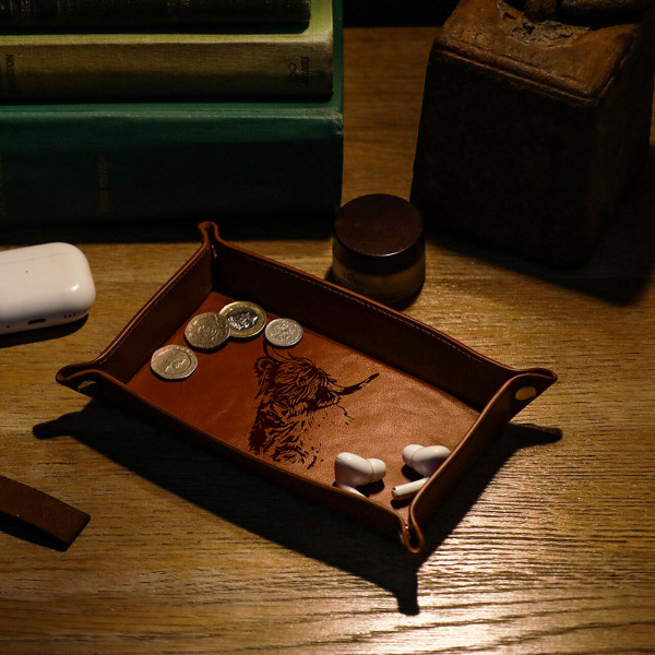 Lederschale für Schmuck, Kleingeld, Schlüsse | Motiv Highland Cow | aus Schottland