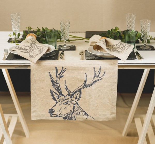 Tischläufer, Motiv Hirsch, 50% Leinen / 50% Baumwolle