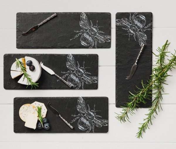 Präsentbox Biene | 4er-Set Mini-Schiefer-Käseplatte & -messer