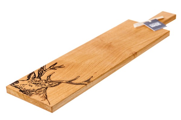 Langes Servierbrett aus Schottischer Eiche, Motiv Hirsch